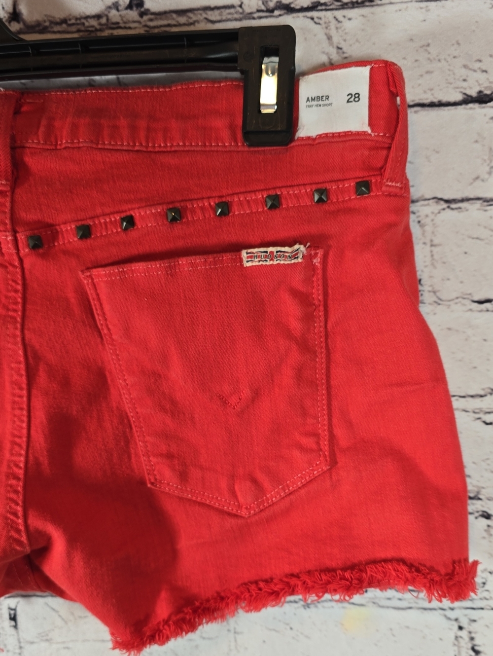 Hudson Jeans 'Amber' Red Studded Frayed Hem Denim Shorts Size 28 - Picture 8 of 10